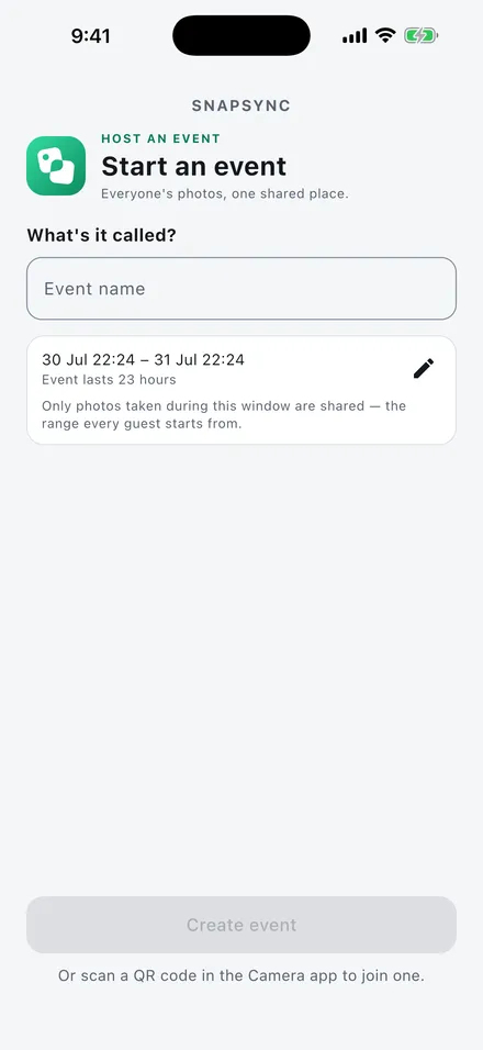 The SnapSync start screen, naming a new event and choosing when it begins.