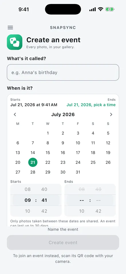 The SnapSync create screen, naming a new event and choosing its dates.