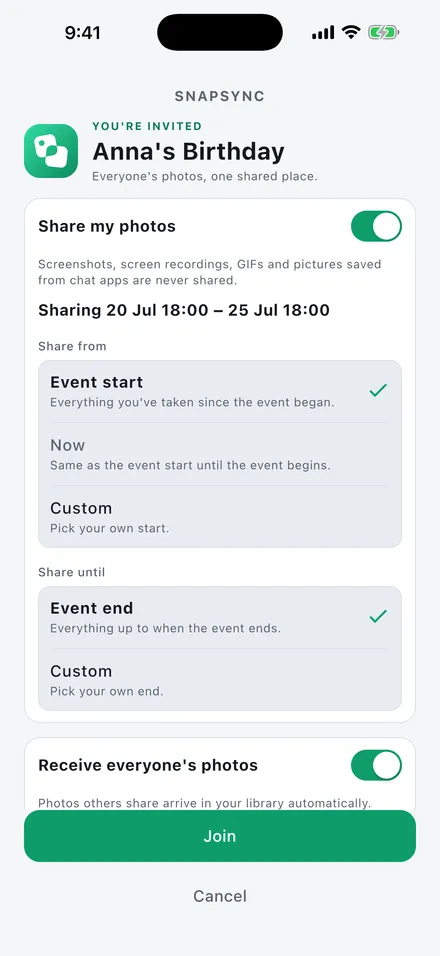 The join screen a scanned QR code opens, showing the event name and what will be shared.