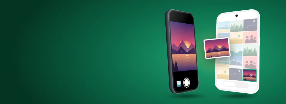 Two phones: one takes a photo of a sunset, and it appears in the other phone's gallery.